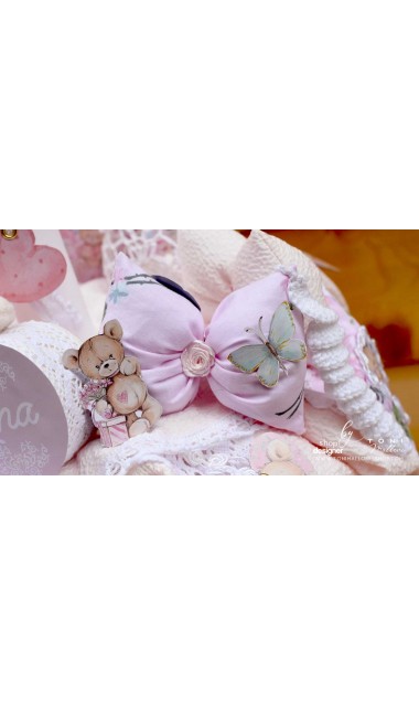 Lumanare de botez cu ursuleti roz, dantela roz si pattern floral cu trandafiri Teddy Bear Pink 21